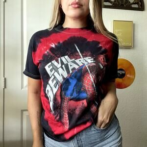 Vintage Y2K Spiderman Black Red Tie Dye Short Sleeve Evil Beware T-Shirt Sz XL